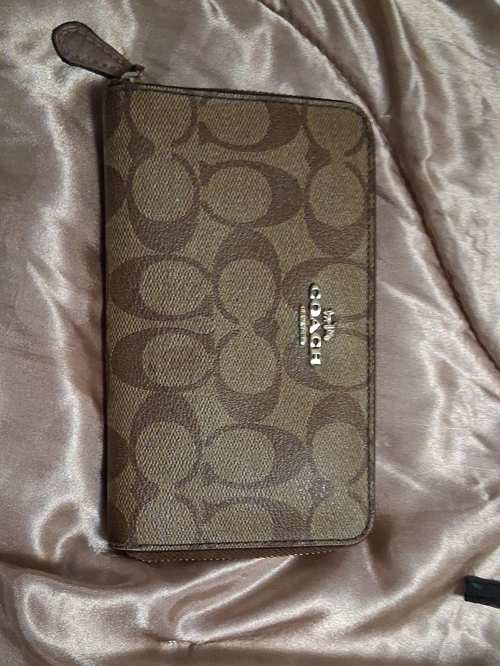 Coach Brown Signature Zip Wallet with Logo Plaque
